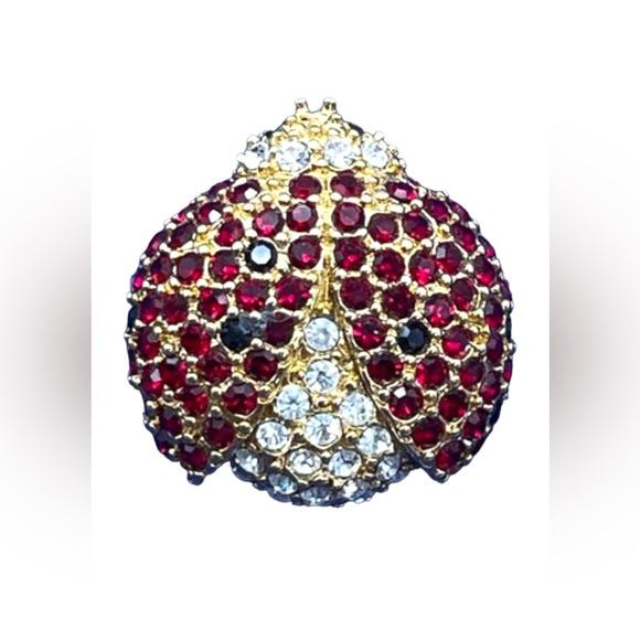 Vintage Austrian crystal Monet Lady Bug Brooch gold plate - Picture 2 of 4